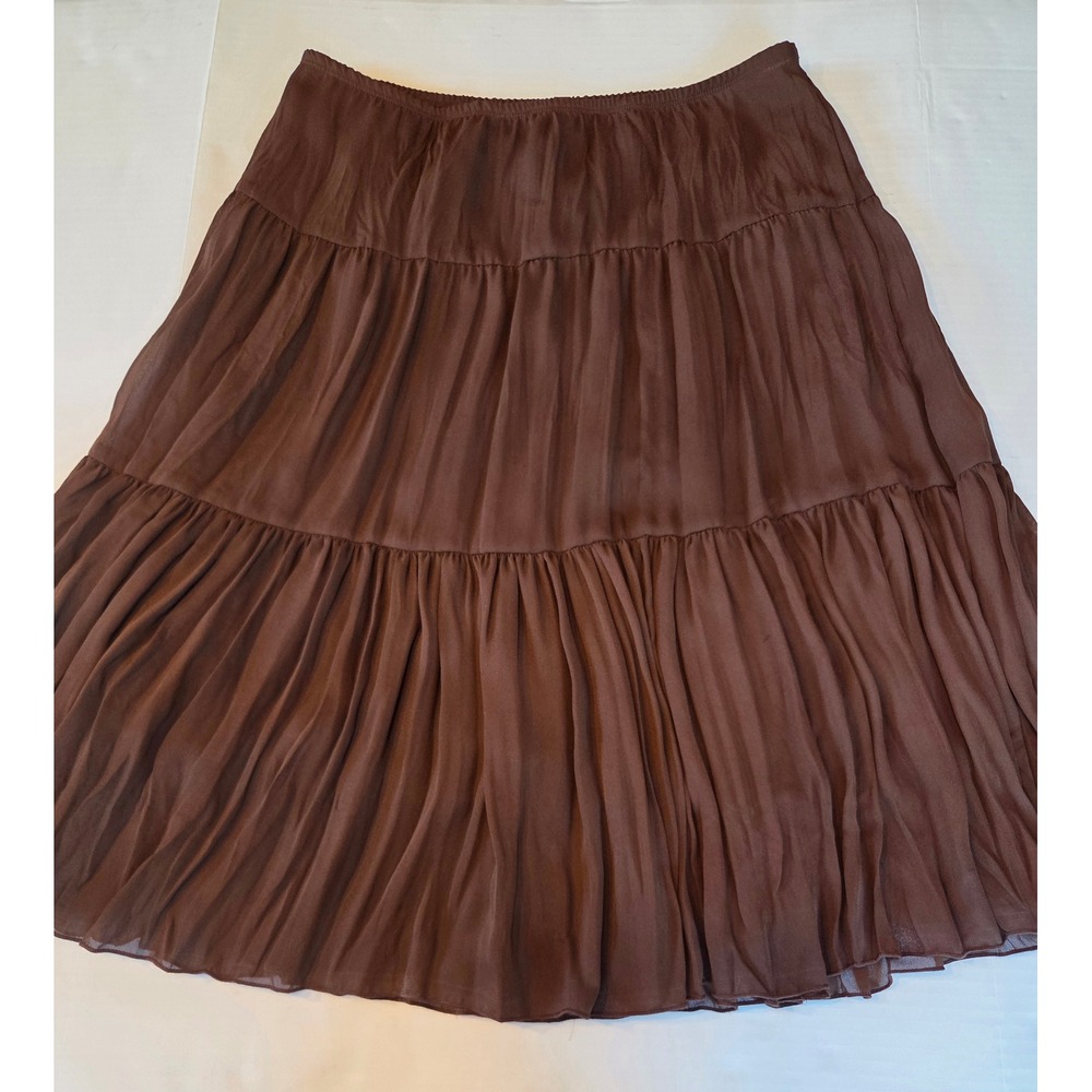 Karen Kane Brown Tiered Midi Skirt Pleated Crinkle Elastic Waist L